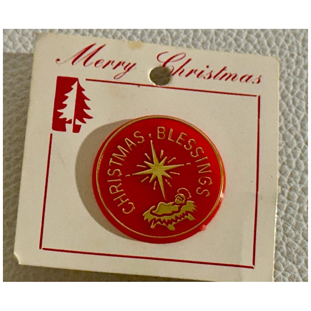 Vintage Christmas Blessings Nativity Lapel Pin Red Enamel with Original Card